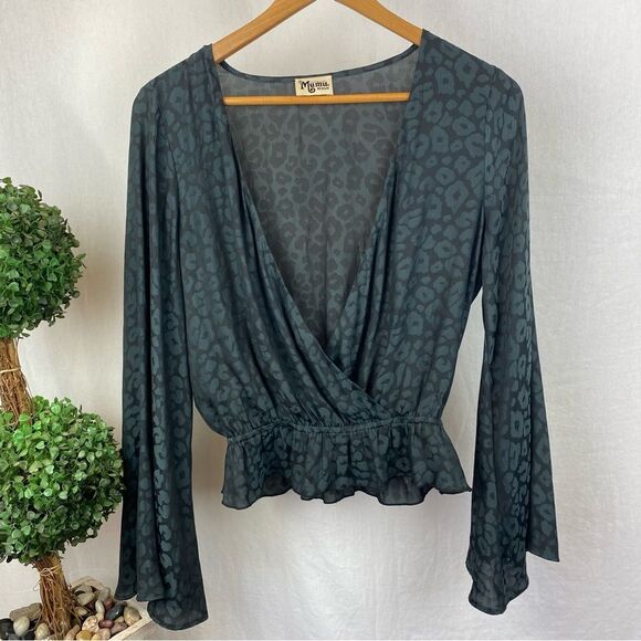 Show Me Your Mumu Black Animal Leopard Print Faux Wrap Blouse Top M - Picture 2 of 7